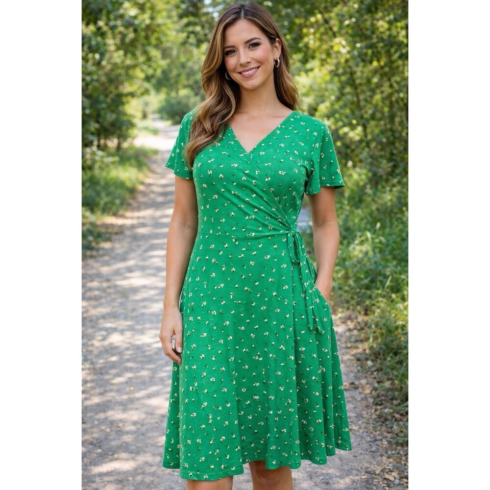 New Kalleigh Green Floral Flutter Sleeve V-Neck Wrap Tie Boho Chic Dress Women S